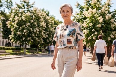 Если вам за 50, то футболку носим вот так: 5 стильных и удобных идей