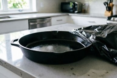 Пакую сковороду в пакет, и нагар легко отлетает ошметками - любуюсь сияющей посудой
