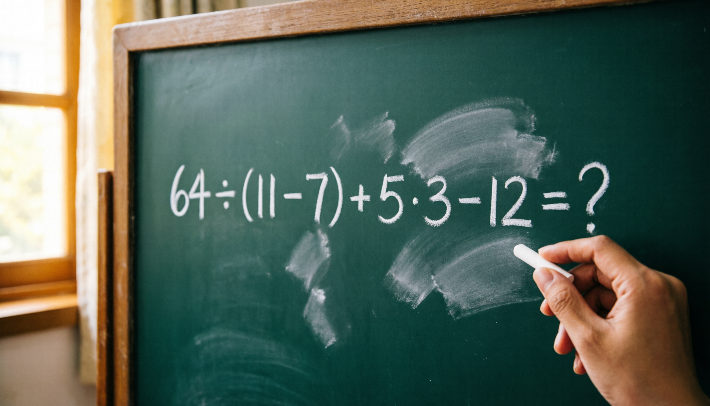 Сколько получится в примере 64 ÷ (11 − 7) + 5 · 3 − 12? Проверьте себя